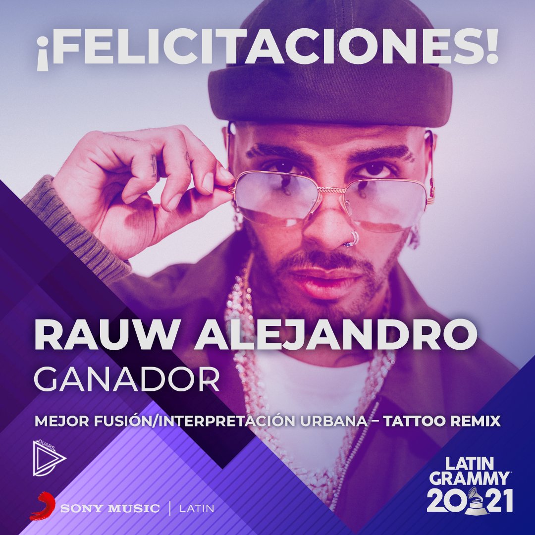 SonyMusicLatin's tweet photo. ¡#TattooRemix se lleva el @LatinGRAMMYs a "Mejor Fusión/Interpretación Urbana"! 🤩🎶 ¡Felicidades @rauwalejandro y @CamiloMusica! #LatinGrammy https://t.co/aZsI86WHxD