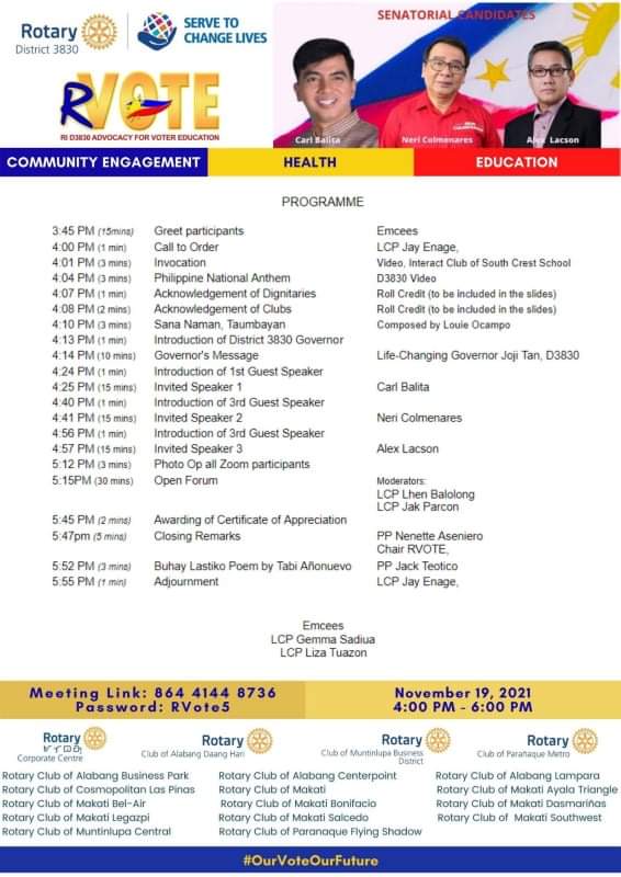 RCAMBP's tweet photo. Know more Senatorial Candidates, Carl Balita, Neri Colminares &amp; Alex Lacson on District 3830 RVote Session 5 on November 19, 2021 at 4:00 PM to 6:00 PM.

Register  in advance to accept zoom meeting link.

https://t.co/By3RrMKBUJ

See You! https://t.co/deT4NkYrwv