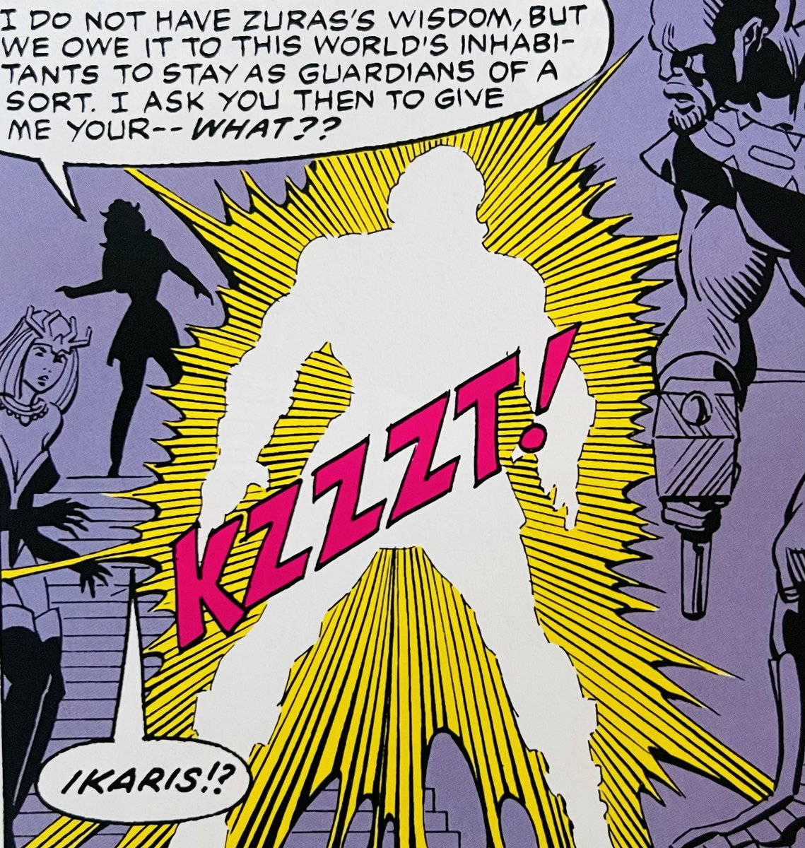 TheMutantMenace's tweet image. So sad and so hilarious! The coronation for #Thena gaining leadership of #TheEternals after the death of her father #Zuras &amp;amp; everyone sent a hologram instead of showing up 🙈 Only my sweet precious boy Karkas, and she shot him down 😭 [#Eternals 1 by Peter B Gillis &amp;amp; Sal Buscema]