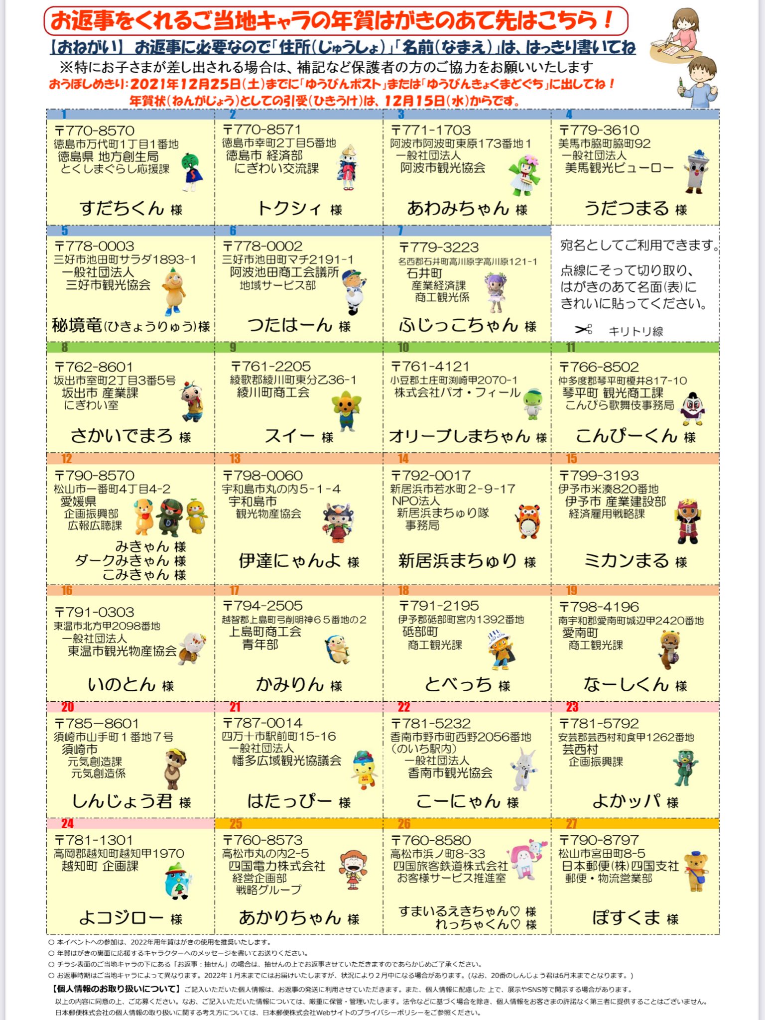 日本郵便四国支社 公式 四国4県のご当地キャラへ 年賀はがきを書くと返事が貰える ご当地キャラを年賀はがきで応援しよう 企画を実施しています 皆さまからのたくさんのお便りをお待ちしています 12月15日から引き受けます 12月25日まで