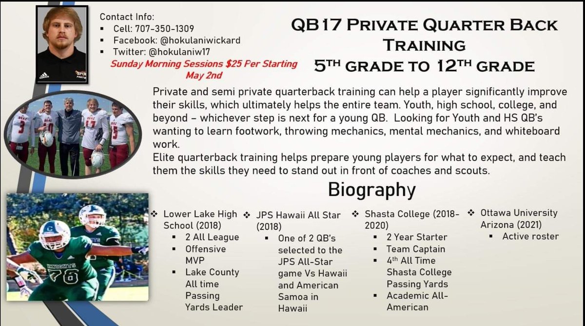 CoachBigWic's tweet photo. Any Coaches out there know of any 7 v 7 squads in the Chico. Ca area looking for an energetic knowledgeable QB coach? Hit up @hokulaniw17 you won't regret it!! 🤙🔥🏈 https://t.co/T4cfD27fEL