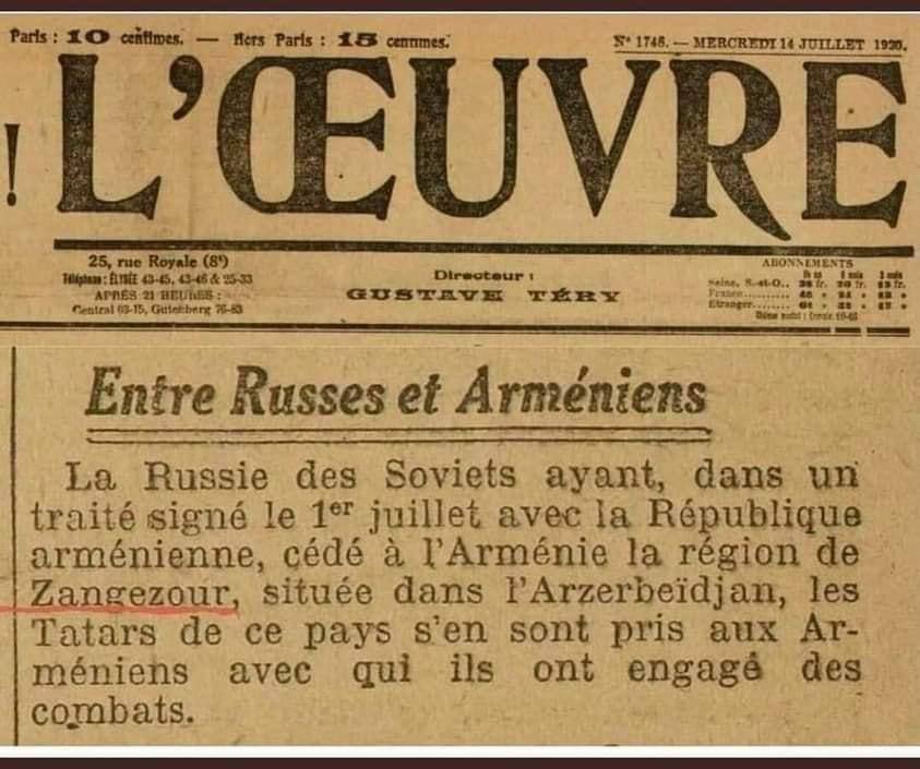 HSH090189's tweet photo. #Zangezur  always was an integral part of #Azerbaijan . 

A French newspaper says that in 1920 the Russians gave Zangezur to the Armenians. 

And this is an approved map by France itself. #Armenialies #dontbelievearmenia #Zangezur #Azerbaijan https://t.co/DZ7QSTUYsm