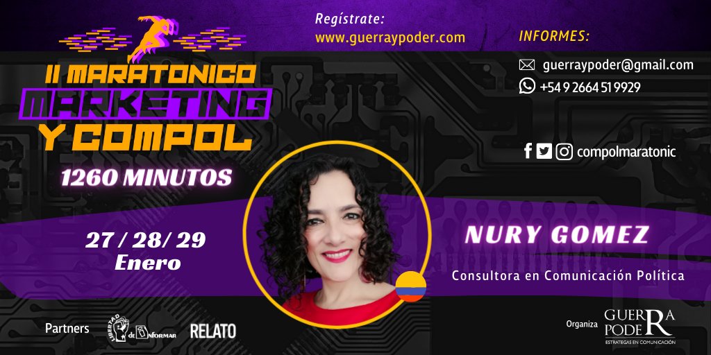 Compolmaratonic's tweet photo. 🔊 II Maratónico #Marketing y #Compol
🌡️1260 M
👉 Nury Gómez 🇨🇴
➡️ Inscríbete acá: https://t.co/i5mP5I6yTI
📲 Consulta al whatsapp:
https://t.co/HREi10ZX3e
✉️ guerraypoder@gmail.com
📆 27, 28 y 29 - En. 22
.
.
#maratonicomk #maratonicocompol #CampañasElectorales https://t.co/yUwzMo8X5N