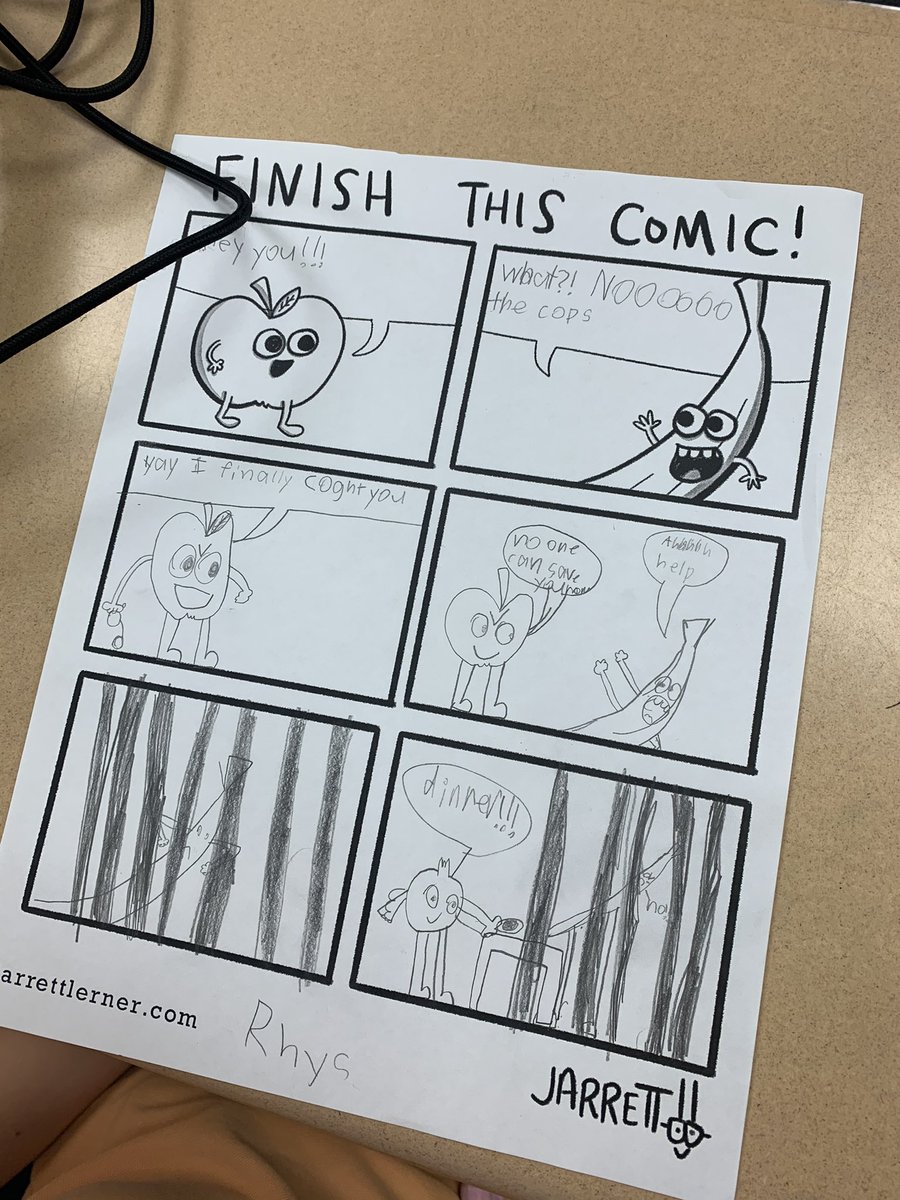LaurieCorrNPSD's tweet photo. This morning, 3rd graders in room 203 were reminded that writing IS fun and that comics are pieces of writing too! Thank you, @Jarrett_Lerner, for your amazing activities! 👏✏️🗯 #finishthiscomic #OPsharks https://t.co/PsV3lV1QTW