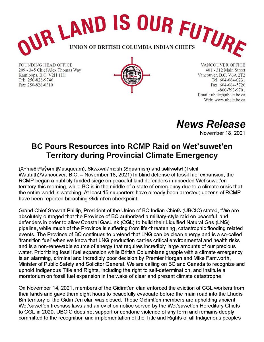 UBCIC's tweet photo. BC Pours Resources into RCMP Raid on Wet’suwet’en Territory during Provincial Climate Emergency: "Prioritizing fossil fuel expansion while British Columbians grapple with a climate emergency is an alarming, criminal and incredibly poor decision" https://t.co/qTT0nTTXNV https://t.co/4dVKt55wtN