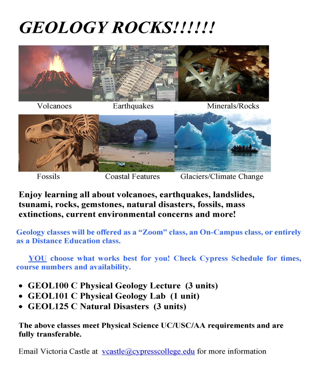 Geology rocks! Learn about volcanoes, tsunami, rocks, and more! Geology classes will be offered via Zoom, on campus, or entirely online. You choose what works best for you (check the class schedule for details)! Email Victoria Castle at vcastle@cypresscollege.edu for information. https://t.co/CgYvIzwS3F