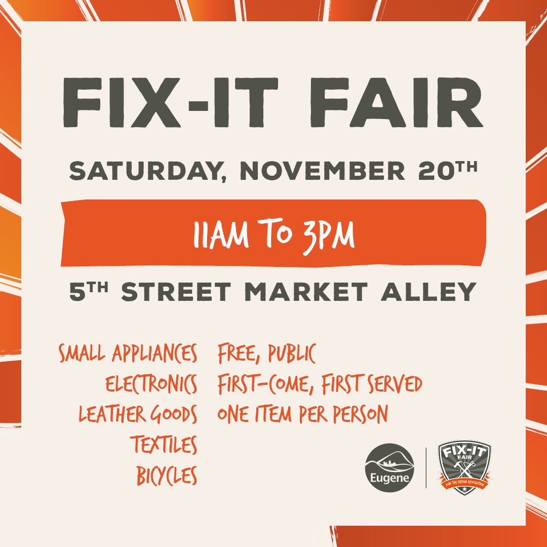 Fix-It Fair this Saturday! 

📅 Saturday, November 20th

⌚ 11am-3pm

🔹 5th Street Market Alley (550 Pearl Street)

Free and open to the public!

Learn more: fb.me/e/4f5J8M0Wc

First-come, first served. 1 item per person.

***Masks required***