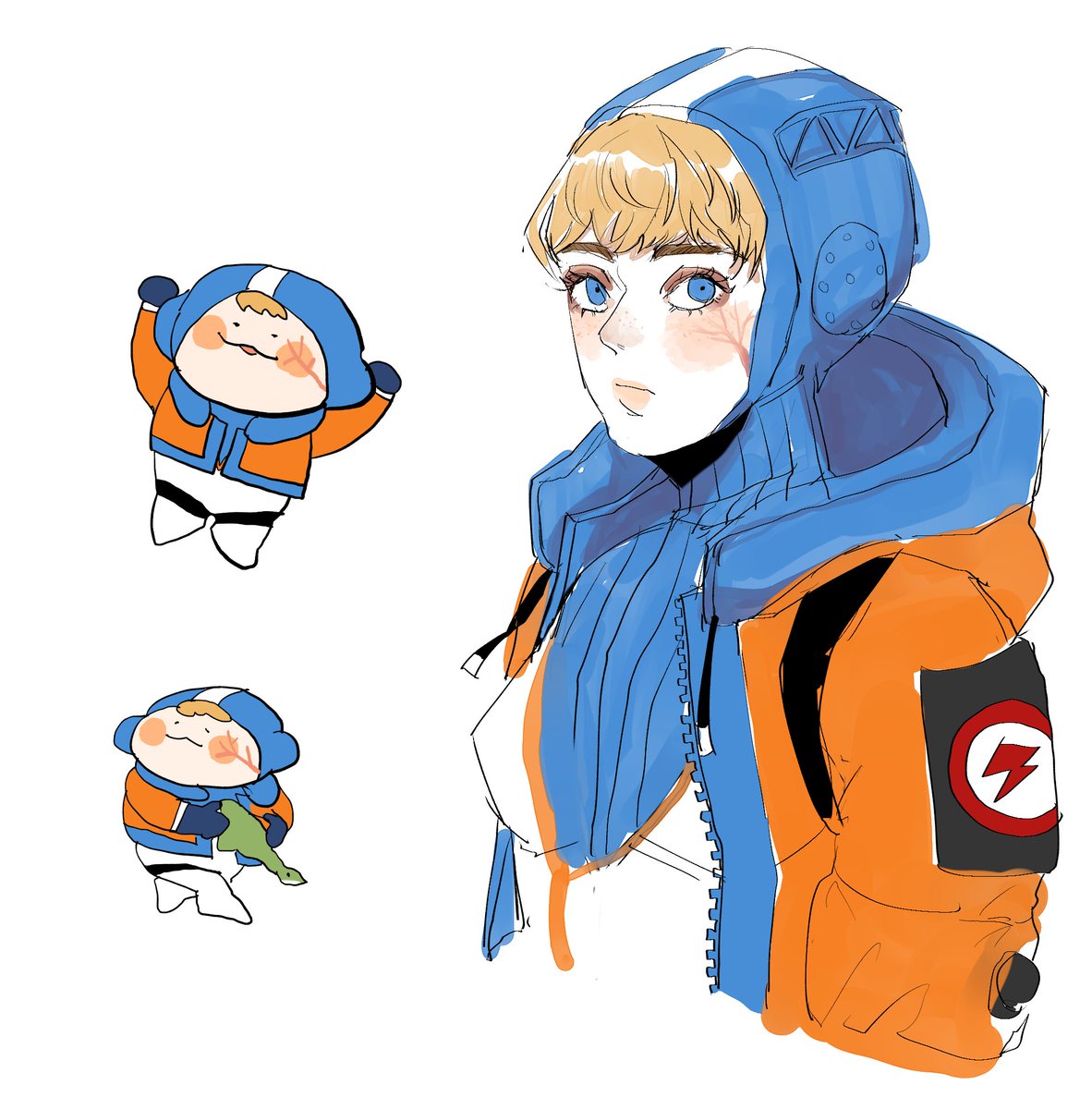 wattson (apex legends) 1girl orange jacket jacket hood white bodysuit animification hooded jacket  illustration images