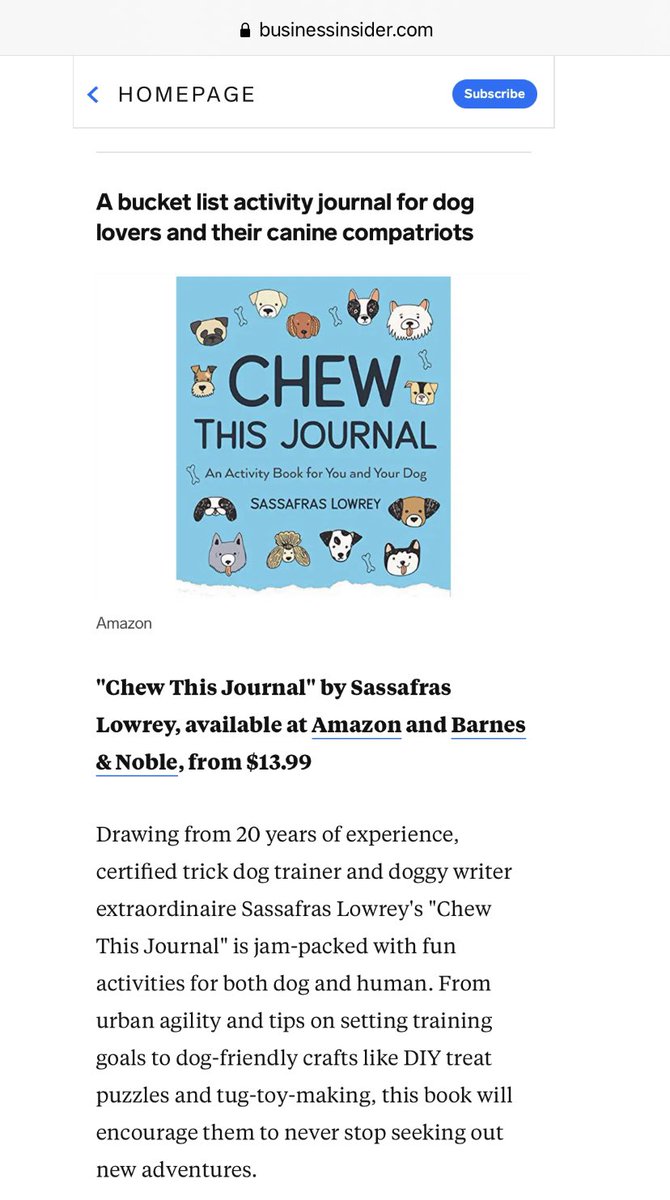 sassafraslowrey's tweet photo. WOOHOO!!! Chew This Journal is on the Business Insider’s list of the best gifts for dog lovers! https://t.co/dpHiceaTrR @MangoPublishing @BusinessInsider #dogs #doglovers #chewthisjournal https://t.co/KglRWSioap