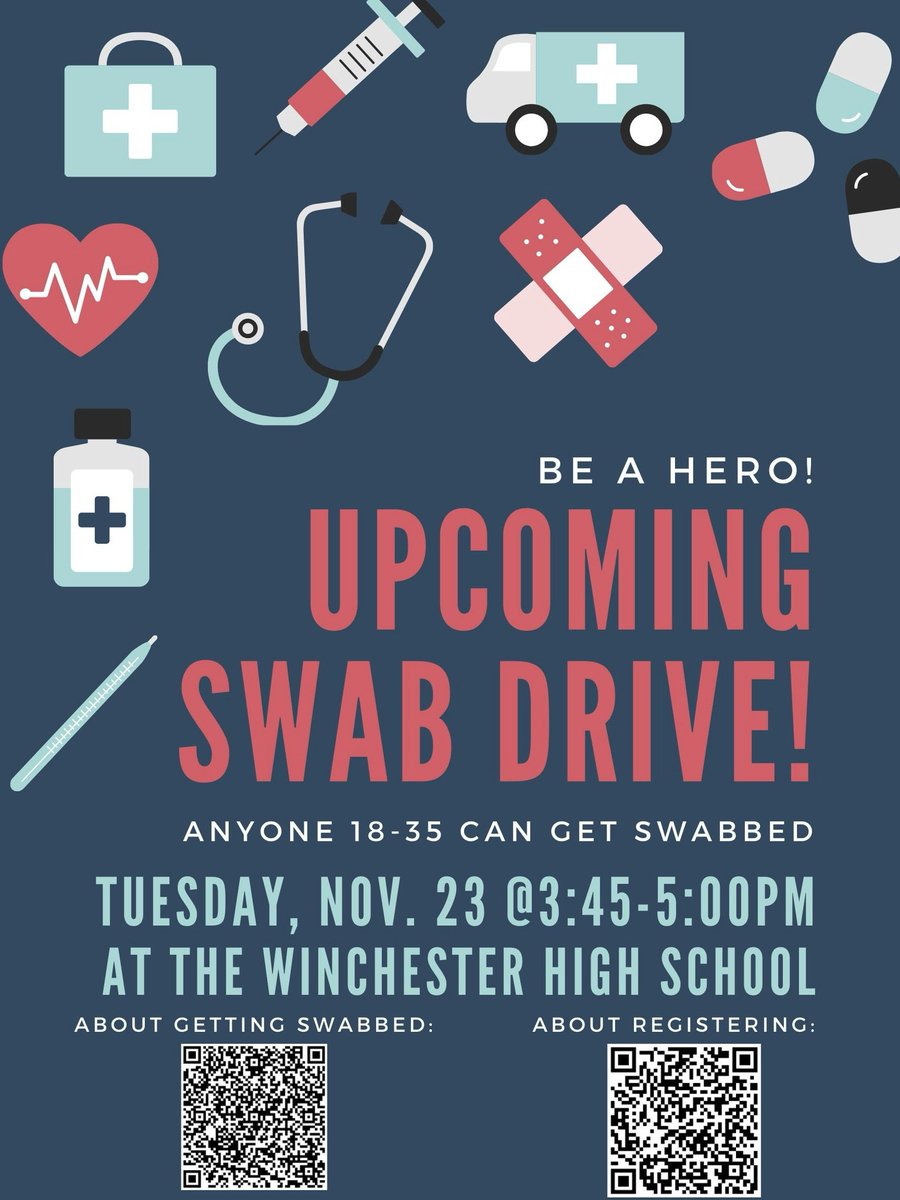 Enter the Gift of Life marrow registry &amp; save a life!  The drive will be held at Winchester High School from 3:45-5:00 pm on 11/23.  Questions?  Please contact Elle O'Connor (elleloc1005@gmail.com) or Charlie Savage (charlie.sav3@gmail.com). Thank you for your support!
