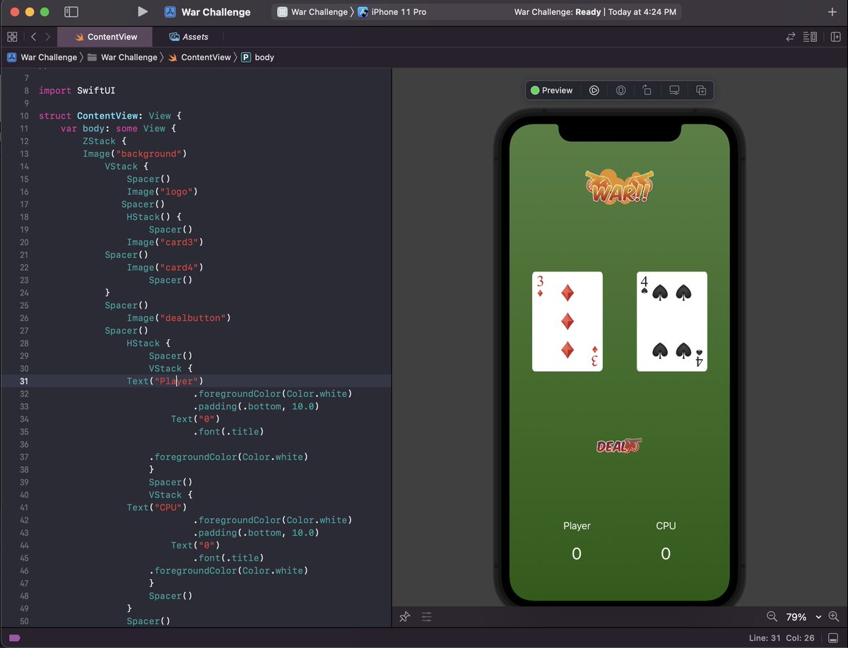 techahve's tweet image. Day 67 of #100DaysOfCode 

Finished the War Challenge interface in Xcode. Beginning the process of learning Swift.