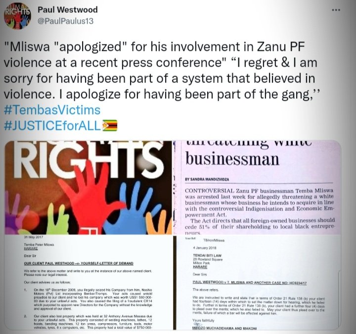 PaulPaulus13's tweet photo. They could hear wild screaming coming from the yard! Mliswa ran right up to Alan screaming like a lunatic & punched him in the face!!15 thugs accompanying #Mliswa set about beating Alan,Johnny, the policemen,Messenger of the Court with fists& used golf clubs"
#TembasVictims🌎 https://t.co/9FHzAAoNyq
