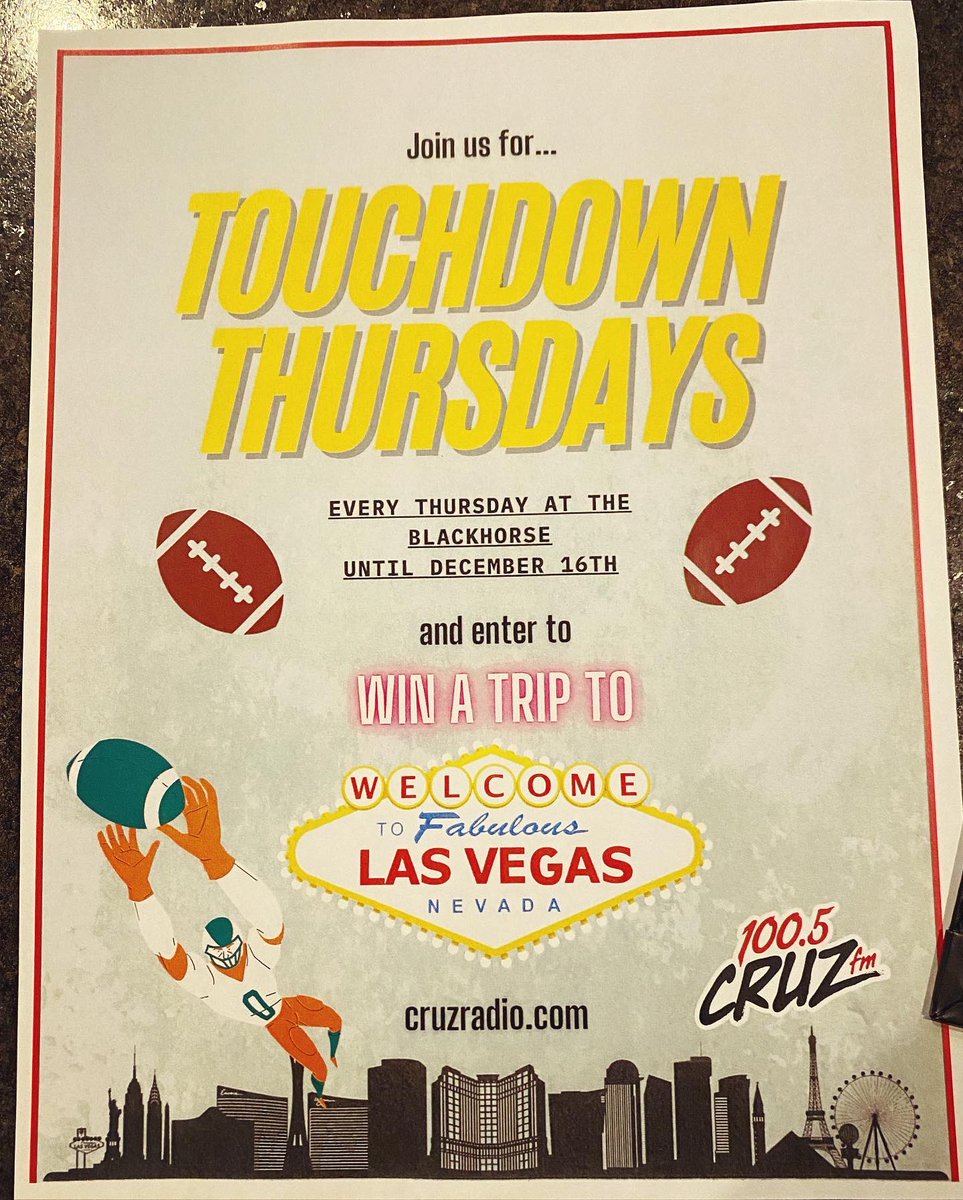 It’s the first Touchdown Thursday at <a href="/PubBlackhorse/">Blackhorse Pub</a>! Come watch some huck it chuck it FOOTBALL and enter to win a trip for two to Vegas.

Stop by tonight any time before 9:30 to fill out an entry ballot. 

#ymm #TouchdownThursdays