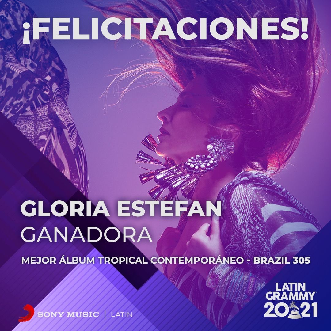 SonyMusicCol's tweet photo. ¡Felicidades @gloriaestefan por el @latingrammys a "Mejor Álbum Tropical Contemporáneo" con #Brazil305! 🎶🙌👏🥳 #LatinGrammy https://t.co/ioSjC41cmX