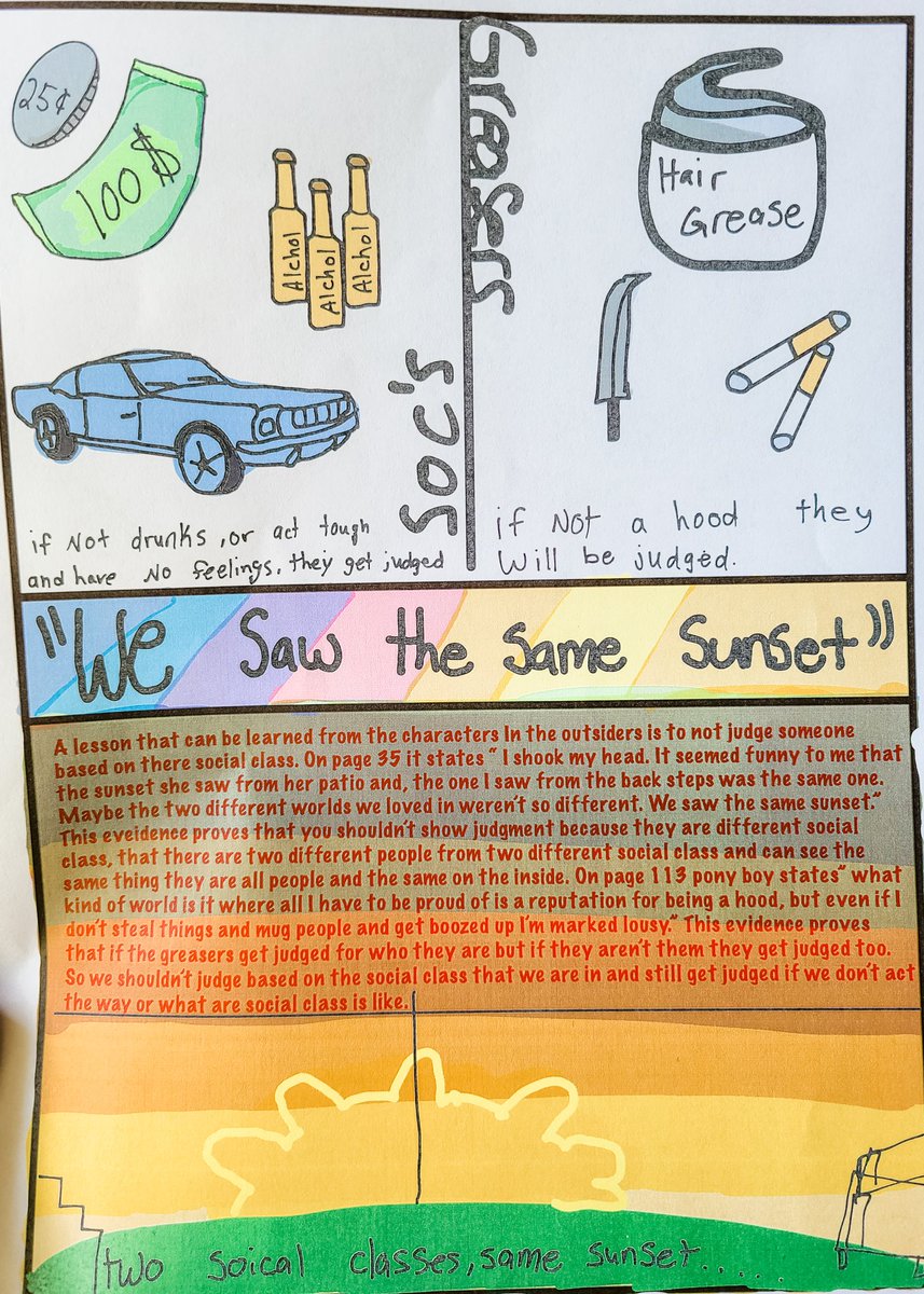 MissEmrick's tweet photo. After finishing our first novel of the year, The Outsiders, 7G students used their literary analysis and critical thinking skills to answer our year long essential question. #familyofknights #criticalthiking #litanalysis https://t.co/tc7dIyevnp