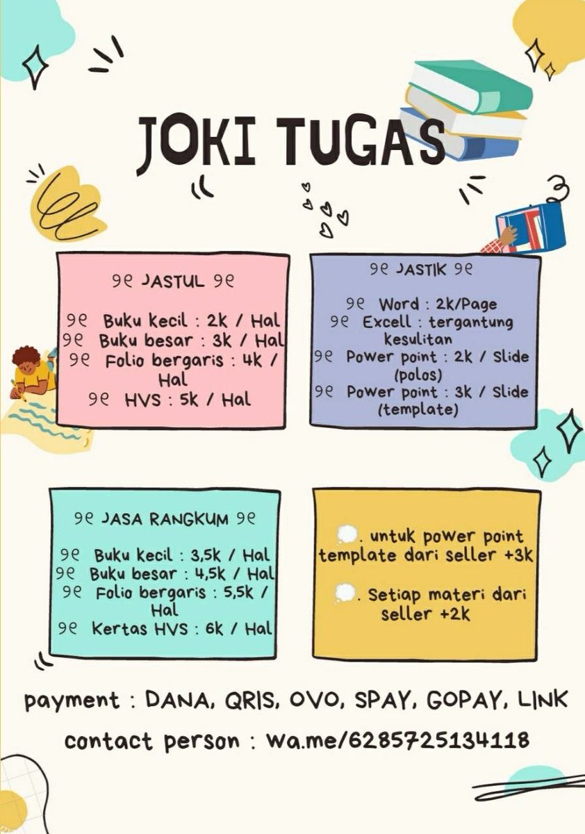 fluffiew's tweet image. halo! buat kalian yang keteteran tugas/mager nulisnya karena banyak bangettt bisa nih Order Jastul di aku! murah murah loh! bisa request warna pen juga ya! yuk langsung cek pricelist nya! terus langsung order ke wa.me/6285725134118 

#zonauang #zonaba #zonacuan #jastulmurah