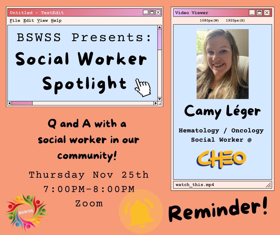 CU_BSWSS's tweet image. Reminder! The BSWSS is hosting a Social Worker Spotlight with Camy Léger on Thursday, November 25th from 7-8pm. Camy is a Hematology/Oncology Social Worker at CHEO! 

Join us on Zoom to hear about Camy’s social work journey and ask some questions! 

us06web.zoom.us/j/3653848746