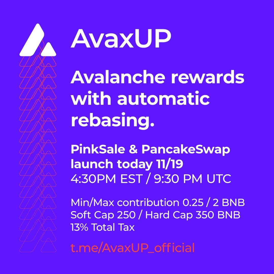 AvaxUPBSC's tweet photo. The launch day is coming!!
Get your presale bag!
#AvaxUP #AVAX #Crypto #BSC https://t.co/HhTG1sYCKG