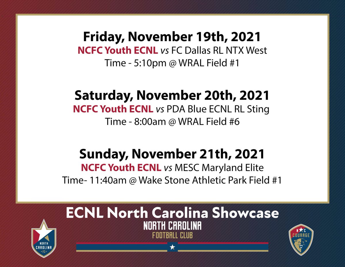 04Ecnl's tweet photo. Come watch NCFC ECNL u19 this weekend. NCFC Showcase 2021 in Raleigh, NC. https://t.co/T072hfYBuM
