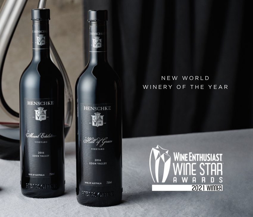 We are honoured to have been awarded @wineenthusiast’s 2021 New World Winery of the Year overnight, joining an illustrious line-up of Wine Star Award winners! 💫 
henschke.com.au/henschke-award…🥂🥂
#henschke #henschke150years #wineenthusiast #winestarawards #newworldwineryoftheyear2021
