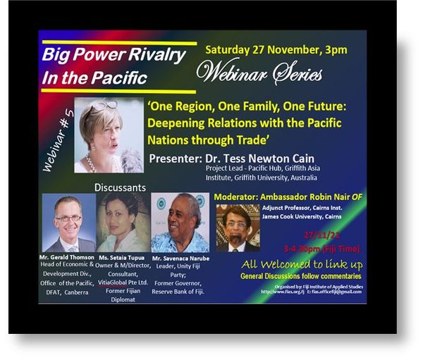 GAIGriffith's tweet photo. Our #PacificHub lead @CainTess will join the #Fiji Institute of Applied Studies to discuss the role of trade in deepening relationships between #Australia and #Pacific island countries. See flyer for details and click the link below to join the webinar:
https://t.co/RWE1vJGiFX https://t.co/iAtmYPjUeC