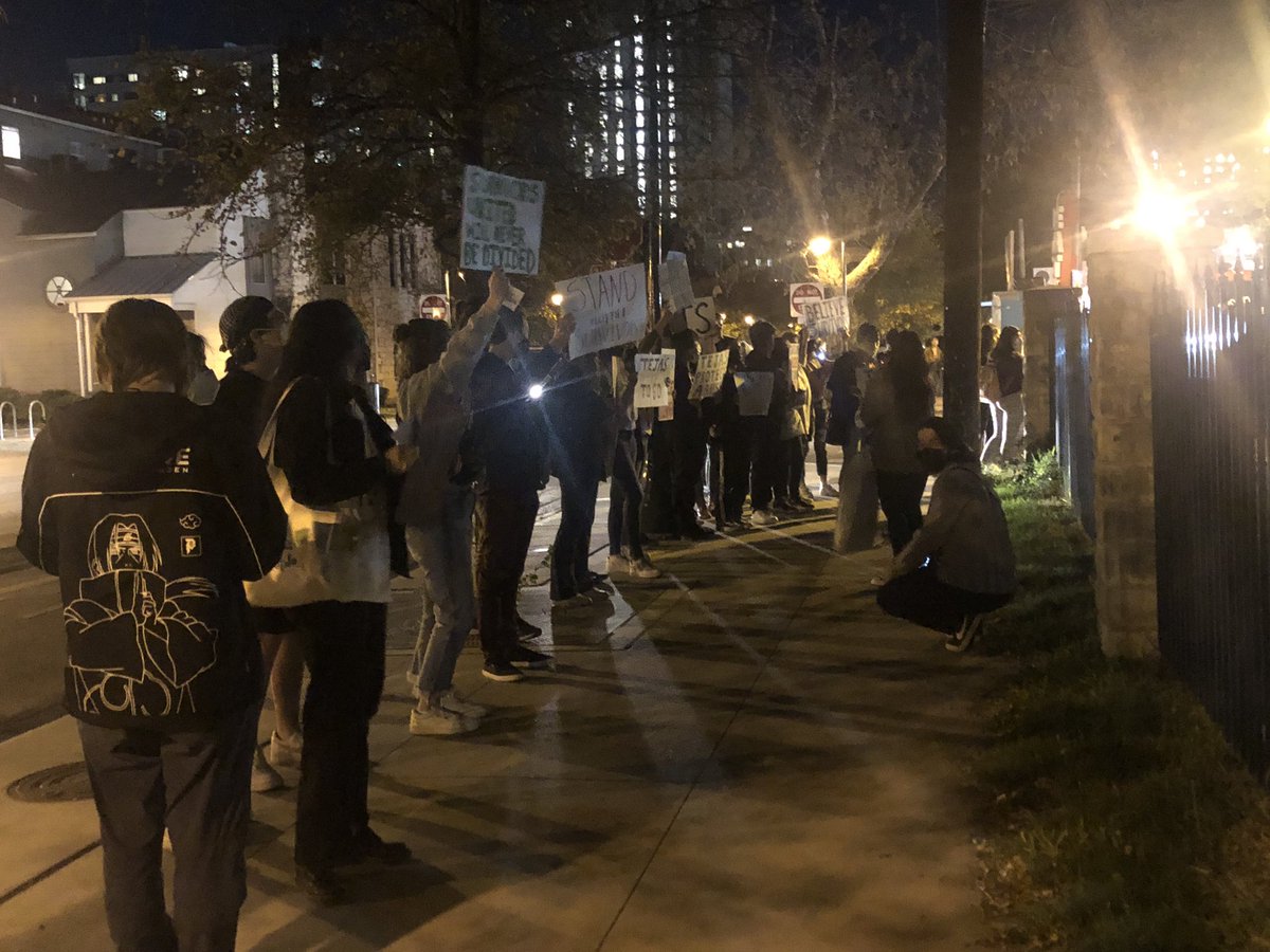 About two dozen UT students are currently holding a protest in front of the Tejas House.

The’re chanting things like “Hey hey, ho ho, Tejas Club has got to go” and “Survivors united, will never be divided.”