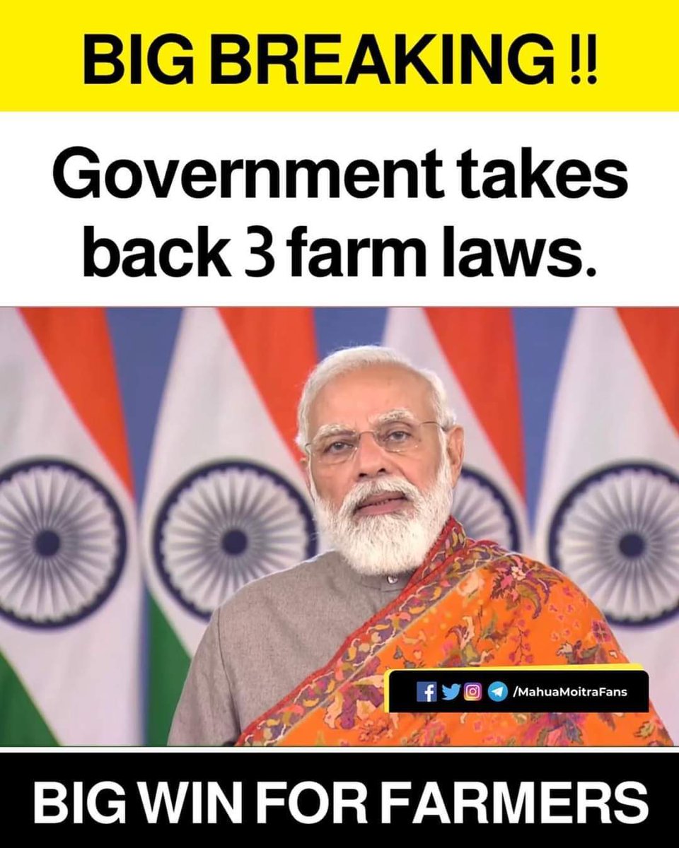 BIG BREAKING !!

Government takes back 3 farm laws. 

Great news. Hats of to the farmer's.
 
At last a great success for the farmer's. 

#FarmLaws 
#KisanEktaZindabad