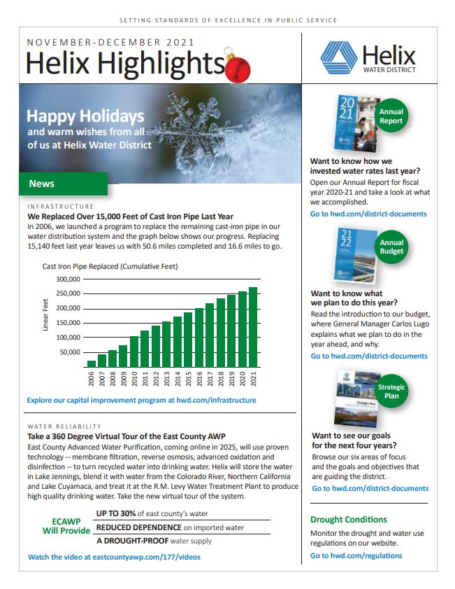 helixwater's tweet photo. The newest edition of our #HelixHighlights newsletter is now available at https://t.co/LI9xXIwzez:

💧Replacing Over 15k Feet of Cast Iron Pipe
💧Take a 360 Degree Virtual Tour of the East County AWP
💧How Your We Invested Water Rates Last Year
💧Apply for Our 2022 Scholarship https://t.co/Pa3L1lIJC2