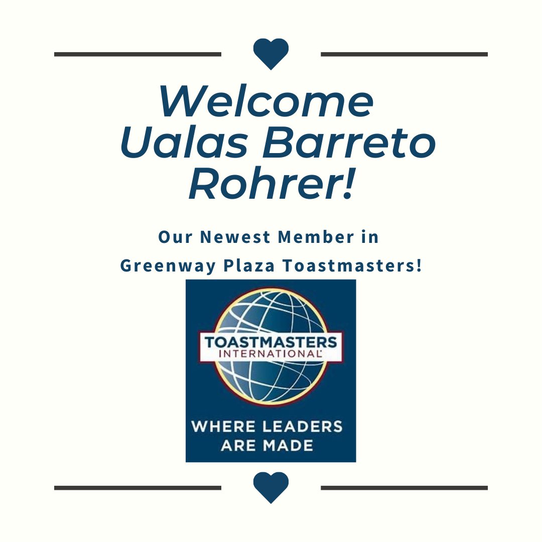 📢WELCOME our newest member Ualas Barreto Rohrer!🙏⏰Join us next Thursday for another New Member Induction Ceremony at Greenway Plaza Toastmasters!👉All Guests are Welcome! Zoom link on Home Page of gwp.toastmastersclubs.org #Leadership #Toastmasters #communication #teamwork