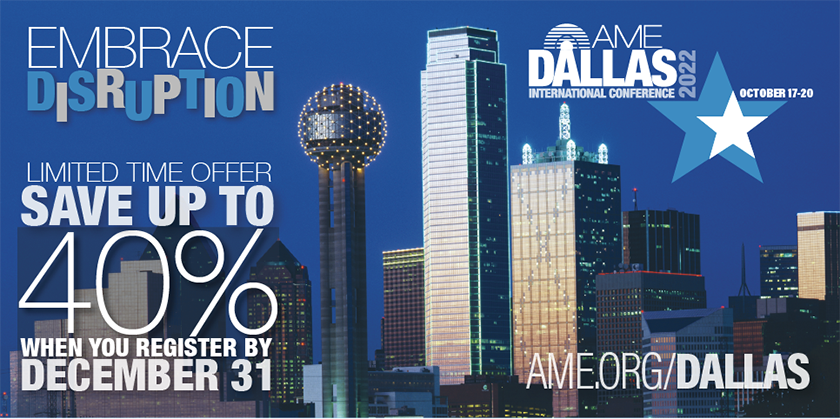AMEConnect's tweet photo. Save $959 off the full-price registration for the #AME Dallas 2022 conference when you register by 12/31/21. This is your best chance to save on the world's largest #lean conference! Register now at https://t.co/dQh1MsUAXT.
#AMEConference #manufacturing #healthcare https://t.co/egQ3Xzerfy