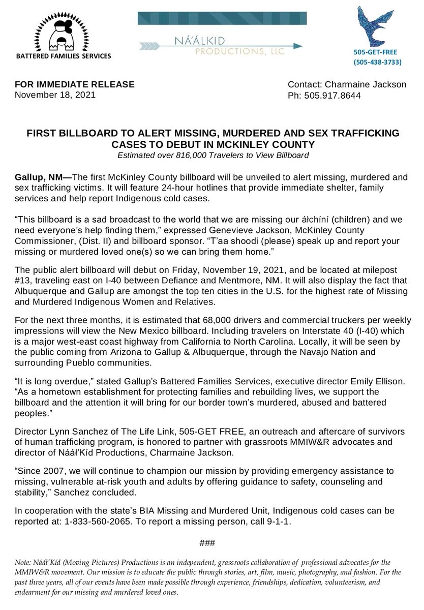 NNMPU1's tweet photo. MMIWR BILLBOARD UNVEILING. Tomorrow 11/19/21 on the West Side of Gallup, NM.

Charmaine Jackson invited NNMPU to attend the unveiling of this billboard tomorrow. I will have my NNMPU picture board with me as we attend. If you're near the area please stop by. Thank you. Ahéé'héé. https://t.co/Nfr2dYyIXP