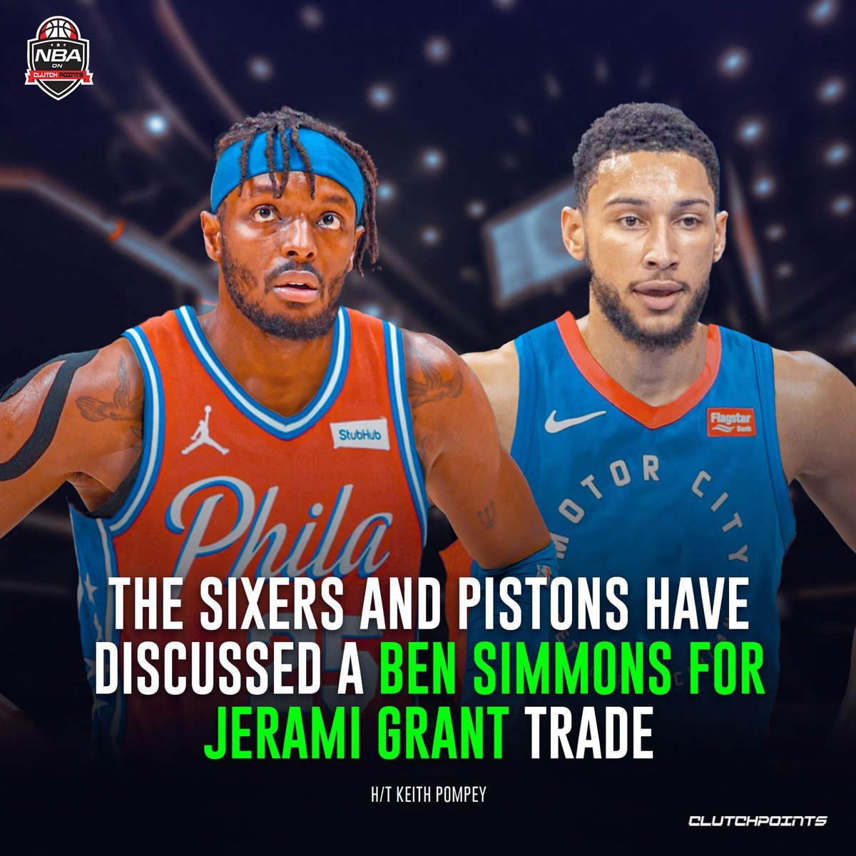 ClutchPoints's tweet photo. Sixers receive:
• Jerami Grant
• Another forward (Kelly Olynyk?)
• A young player (Saddiq Bey?)
• A draft pick

Pistons receive:
• Ben Simmons

Who would win this trade? 👀 https://t.co/V7zvcHSPDb