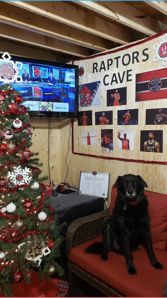 7612C's tweet photo. #tangerinefanangle #raptors #raptorsfanangle #raptorscave #raptorschristmas #wetheNorth  @LeoRautins @Raptors  @Matt__Devlin @Sportsnet.. In the Raptors Cave with our dog Jack!!! https://t.co/2EOjKCNlJL