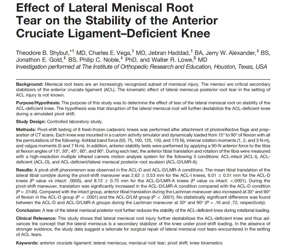 ShybutMD's tweet photo. Super cool to see prior work made top 50 most cited meniscus articles 2000-2019: https://t.co/4TB1P1UTSf
Great work @marykmulcaheymd & colleagues: https://t.co/ByeutW6frA #knee #meniscus #arthroscopy #root #LMPRT #ACL #biomechanics @BCMOrtho @BCMOrthoRes @BCMHouston_News https://t.co/sP4Qv3zj9C