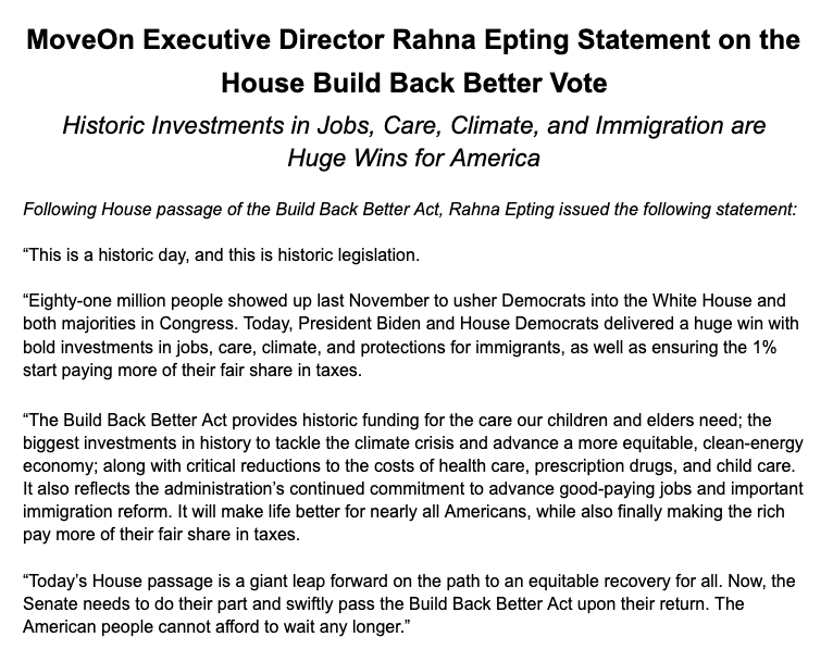 MoveOn's tweet photo. "Today's House passage is a giant leap forward on the path to an equitable recovery for all. Now, the Senate needs to do their part and swiftly pass the Build Back Better Act upon their return."

Full statement from our ED @rahnamepting: https://t.co/sdP1fpdmRN https://t.co/J4sbU2G5oM