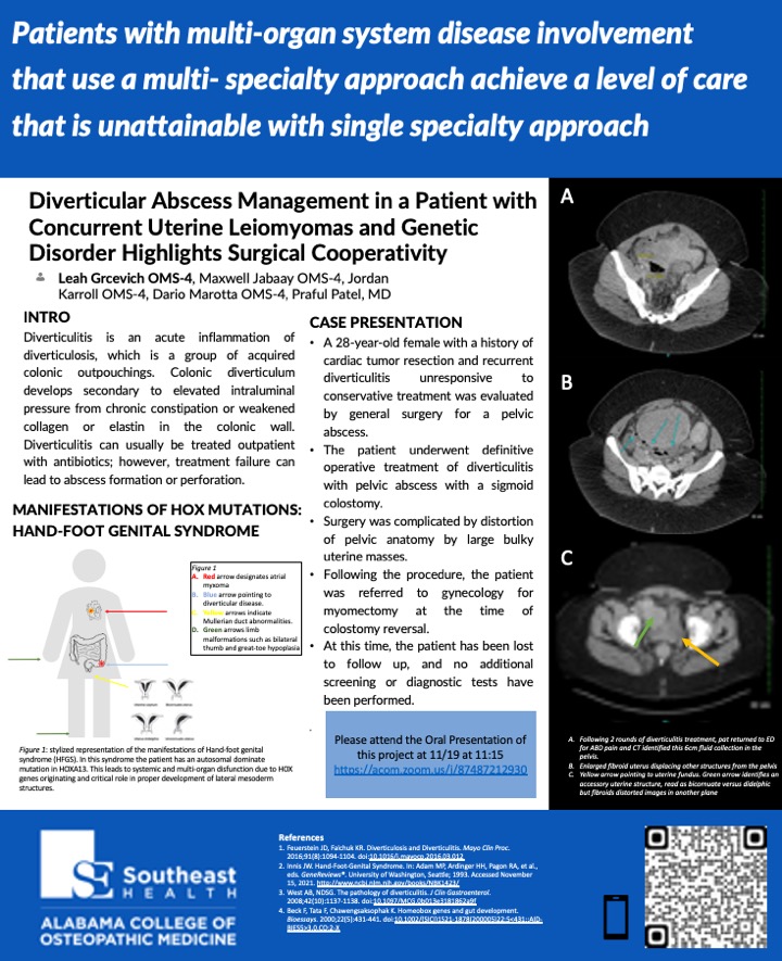 LGrcevich's tweet photo. A collaborative effort between gyn surg and general surg in treating a patient with recurrent diverticulitis in the setting of a uterine structural anomaly @SocietyHospMed
@ACOMEDU
 #shmWiregrass #ACOMposterday #WGCCV https://t.co/z1ZWvpNnu8