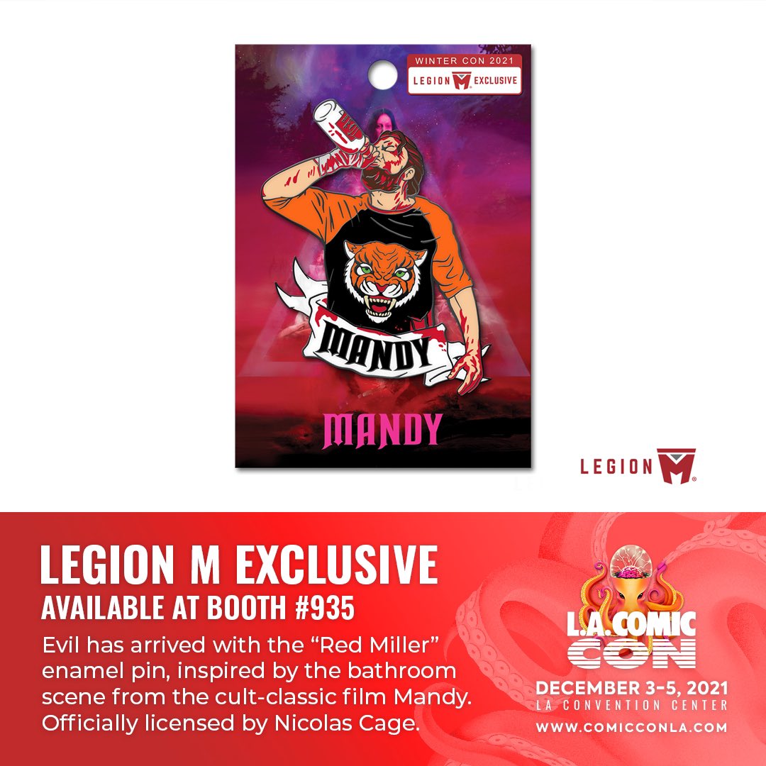 comicconla's tweet photo. 🐙💬 Evil has arrived with this #RedMiller enamel pin, inspired by the bathroom scene from the cult-classic film #Mandy. This collector's pin is officially licensed by Nicolas Cage himself! Only available at the @LegionMOfficial booth #935. Get tix now 👉 https://t.co/75eKRxKP0k https://t.co/dTvzTVPv7z
