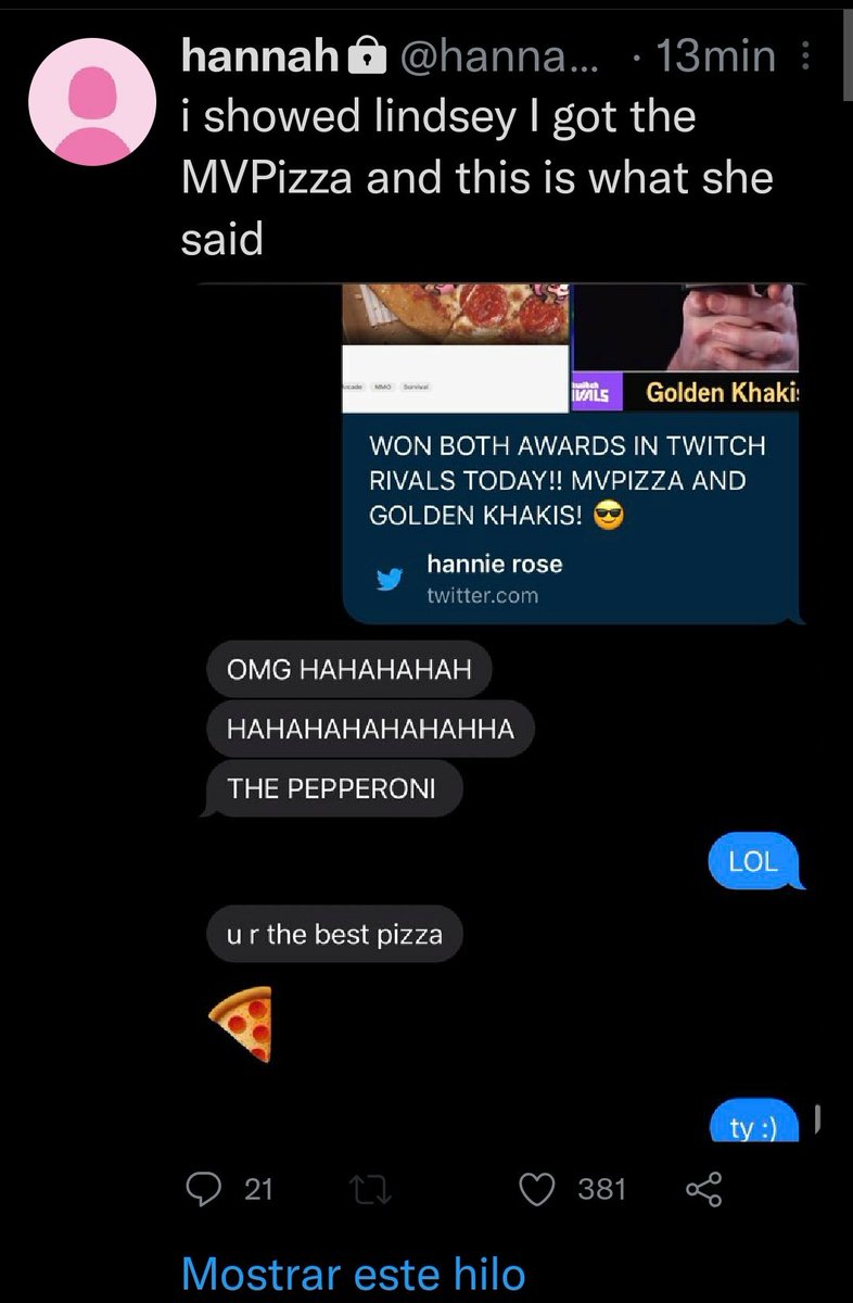 HannahUpdEsp's tweet photo. ¡Hannah publico un tweet en su cuenta privada!

Traducción:
Le mostre a lindsey que tengo la MVPizza y esto es lo que dijo

Por cierto Lindsey es mi hermana :) https://t.co/ncN3RBNtyn