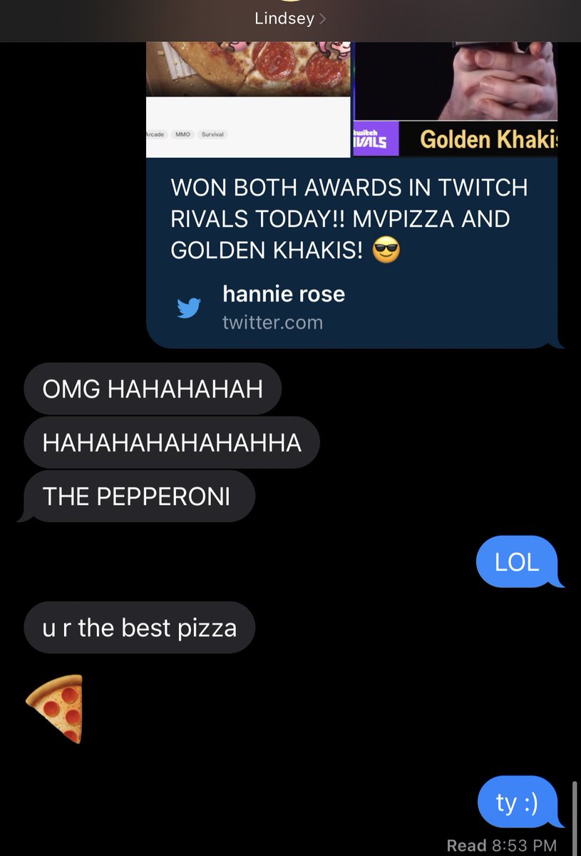 HannahUpdEsp's tweet photo. ¡Hannah publico un tweet en su cuenta privada!

Traducción:
Le mostre a lindsey que tengo la MVPizza y esto es lo que dijo

Por cierto Lindsey es mi hermana :) https://t.co/ncN3RBNtyn