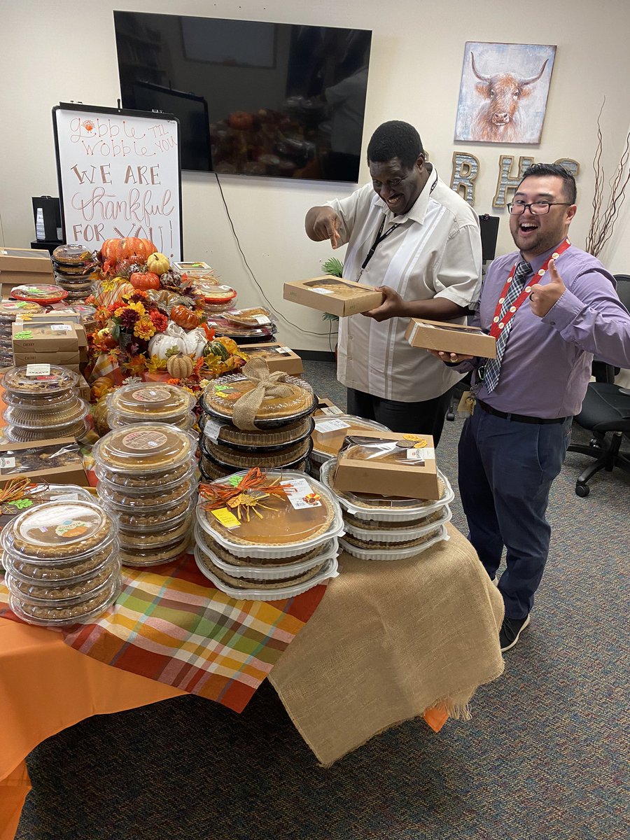 pinkpatterson's tweet photo. Our @WeAreGRHS PTO and parents are truly the GR-eatest! 235 donated pies later…every single staff-amily member gets a pie to take home to their own family for Thanksgiving! #WeAreGR #GRattitudechallenge @GRHSpto https://t.co/78oPagTgDk