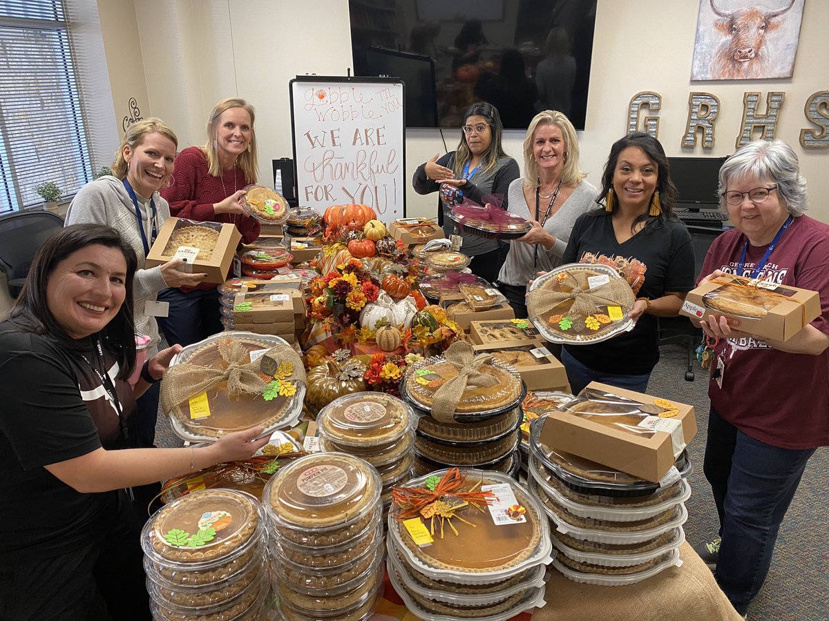 pinkpatterson's tweet photo. Our @WeAreGRHS PTO and parents are truly the GR-eatest! 235 donated pies later…every single staff-amily member gets a pie to take home to their own family for Thanksgiving! #WeAreGR #GRattitudechallenge @GRHSpto https://t.co/78oPagTgDk