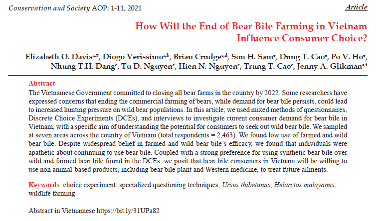 🇻🇳🐻 Will the end of bear bile farming increase demand for wild bear bile in Vietnam? 🔍🔗conservationandsociety.org.in/preprintarticl…