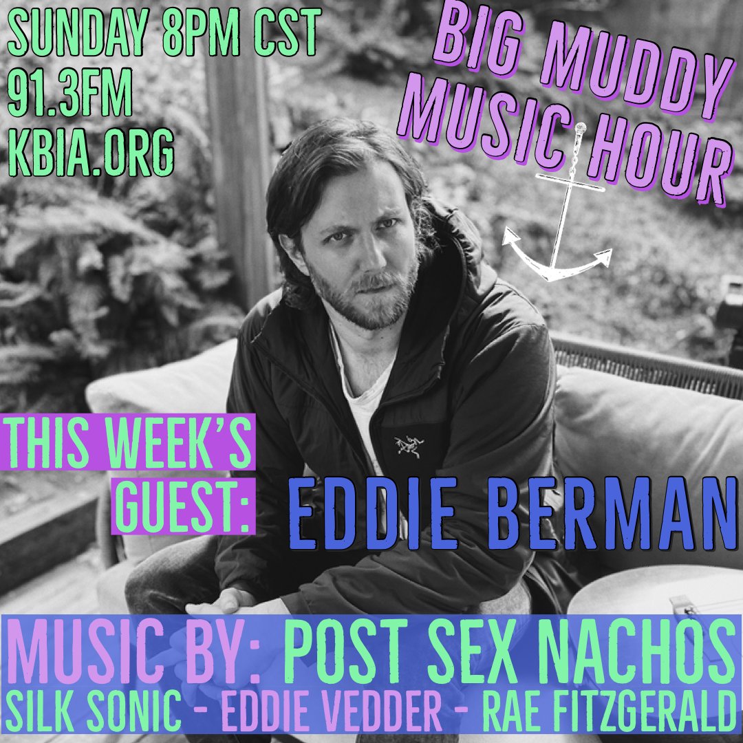bigmuddymusic's tweet photo. BMMH presented by @lesbourgeois Vineyards, our guest is Portland-based cosmic folk act @_EddieBerman. We have a great chat about his musical journey and we spin some fresh tracks by Post Sex Nachos, Eddie Vedder, Silk Sonic, and Rae Fitzgerald. Sunday at 8pm @KBIA 91.3 FM #music https://t.co/F9ZICvtjGx