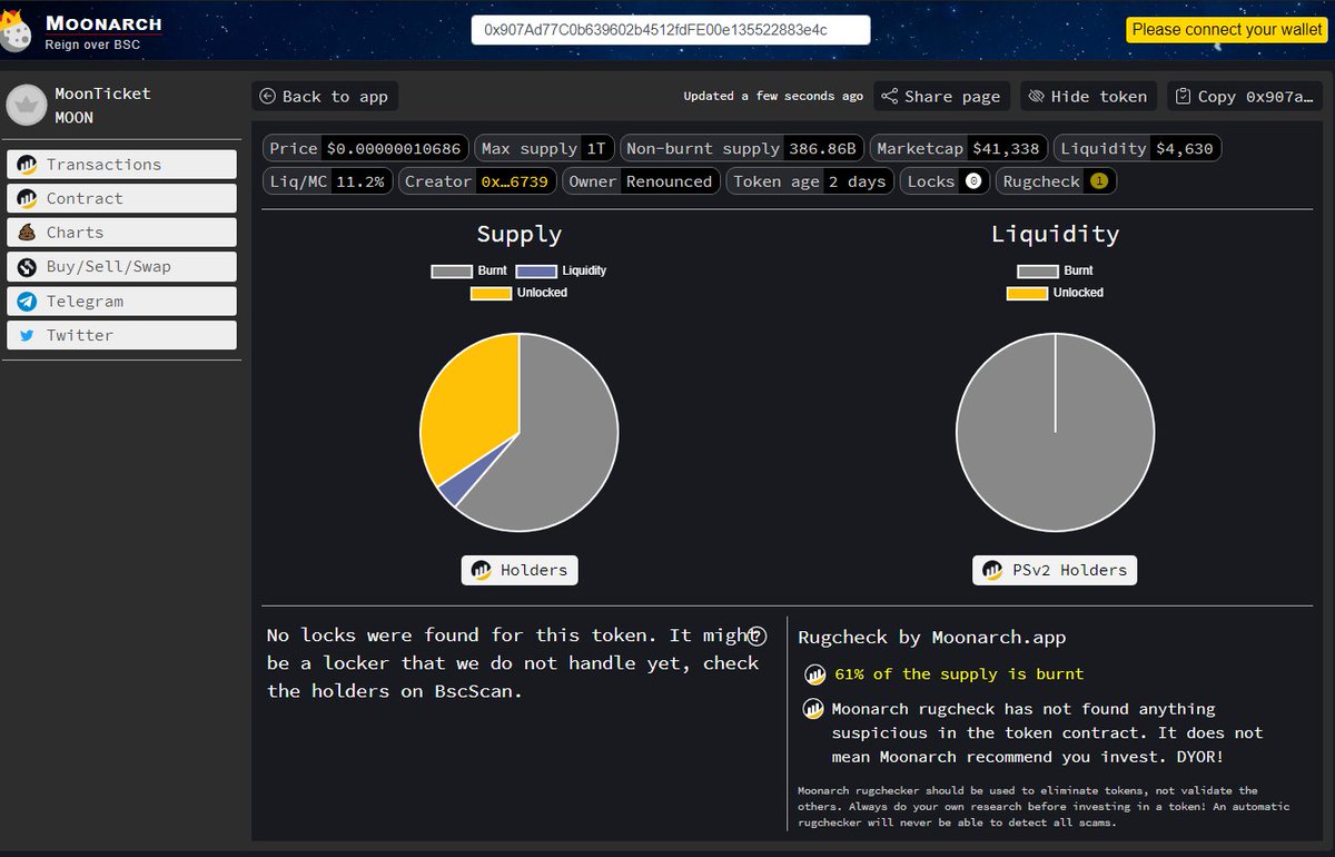 Moon Ticket (@moonticketbased) on Twitter photo Nothing suspicious with Moon Ticket contract, thanks for your great tools <a href="/MoonarchApp/">Moonarch.app</a>
Look at that burned supply and liquidity, what a true #BSCGems #Crypto Nothing suspicious with Moon Ticket contract, thanks for your great tools <a href="/MoonarchApp/">Moonarch.app</a>
Look at that burned supply and liquidity, what a true #BSCGems #Crypto