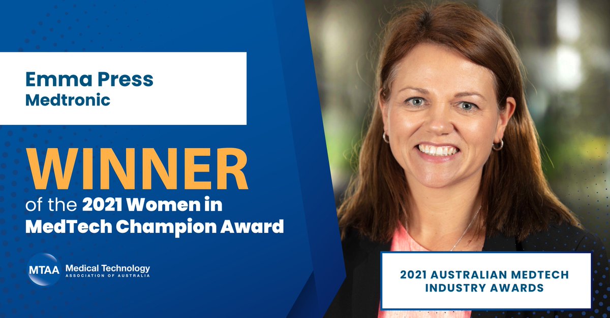 MedTechAus's tweet photo. Congratulations to Emma Press, Medtronic Australia and New Zealand, for winning the MTAA 2021 Women in MedTech Champion Award.
#medtech #womenleaders #WiMT #womeninstem #mentoring #GenderEquity https://t.co/YfYGtOi9Zj