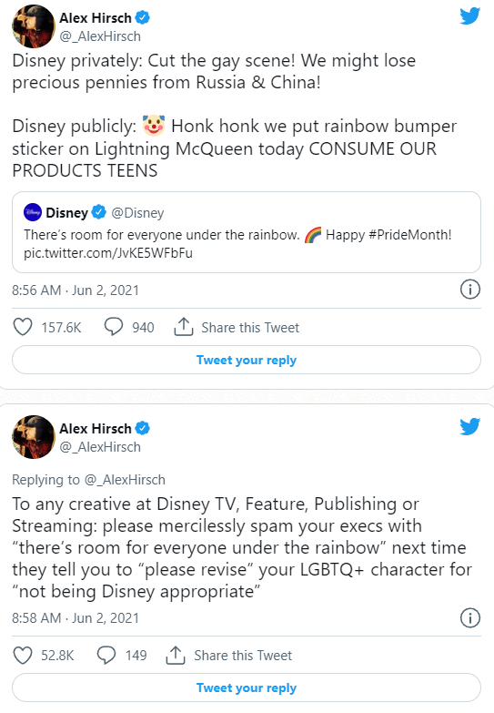 ToonGrin's tweet photo. @JP_Criacoes @Disney @Pixar @starwars @Marvel @TheSimpsons This is a company that is pure hypocrisy. Like this pride post, look at all the straight characters to represent the welcoming of LGBT+ with no LGBT+ characters. Or how about the LGBT+ removal overseas? This company's only consistency is it's #PassiveProgressive. https://t.co/dbn9S7J8EN