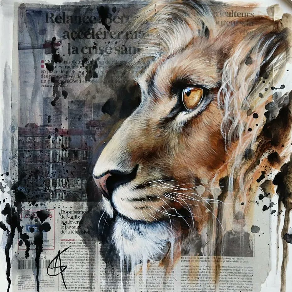 Such intensity and emotion in the gaze. Love the composition of 'Aren't you in a kind of a felines painting phase?' by Anaïs Gruson -anagruzartiste on IG. 

#beautifulbizarre #lionpainting #lion #acrylicpainting #realisticpainting #animalart #wildlifepainting #art