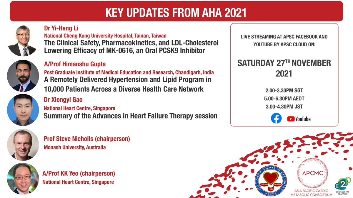 The Asia Pacific Cardiometabolic Consortium (@the_apcmc) on Twitter photo Join us as we summarise some of the key updates from AHA on Saturday the 27th of November 2021. Streaming LIVE from <a href="/apsc_office/">Asian Pacific Society of Cardiology</a> Facebook and Youtube.
5.00-6.30pm AEDT
2.00-3.30pm SGT
3.00-4.30pm JST Join us as we summarise some of the key updates from AHA on Saturday the 27th of November 2021. Streaming LIVE from <a href="/apsc_office/">Asian Pacific Society of Cardiology</a> Facebook and Youtube.
5.00-6.30pm AEDT
2.00-3.30pm SGT
3.00-4.30pm JST