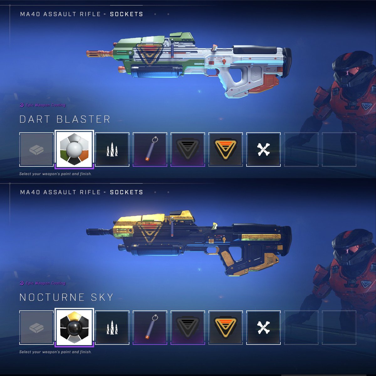 matty__teo's tweet photo. #nerf & #rockstar skins for #ma40 AR in #HaloInfinite look great. Also like the nerf dart charm. Solid promo ideas. #dartblaster #nocturnesky https://t.co/erj4x5nunj
